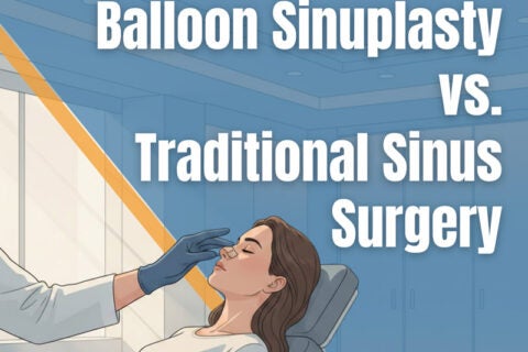 Illustration of a patient in a clinic comparing Balloon Sinuplasty and Traditional Sinus Surgery.
