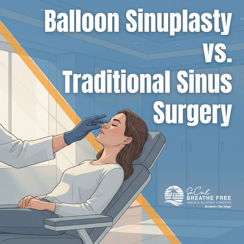 Illustration of a patient in a clinic comparing Balloon Sinuplasty and Traditional Sinus Surgery.